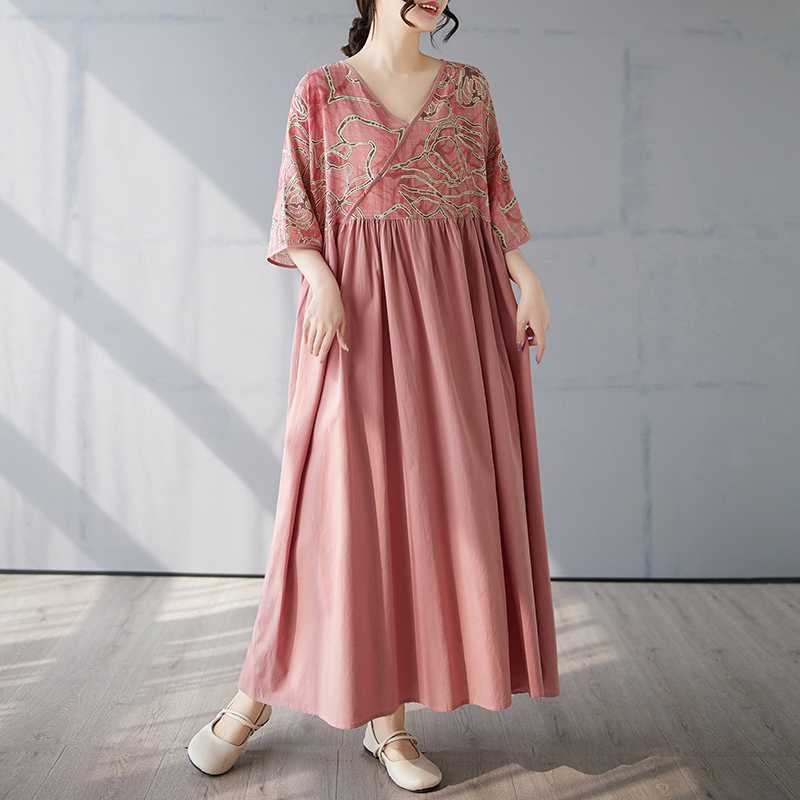 Cotton and Linen Patchwork Retro Style Dress, Long Skirt