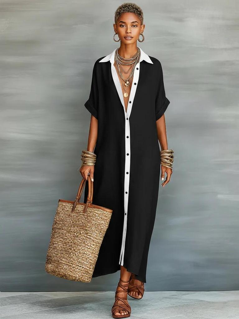 Women's Color Block Loose Cotton Linen Shirt Dress - European & American Fashion 2026