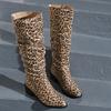 Fashion Autumn/winter New Pointed Pleated Pu Knight Boots for Women Shoe Retro Square Heeled Knee High Western Cowboy Boot Leopard Print