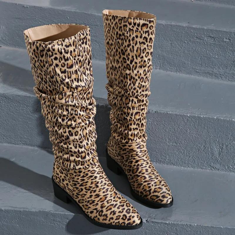 Fashion Autumn/winter New Pointed Pleated Pu Knight Boots for Women Shoe Retro Square Heeled Knee High Western Cowboy Boot Leopard Print