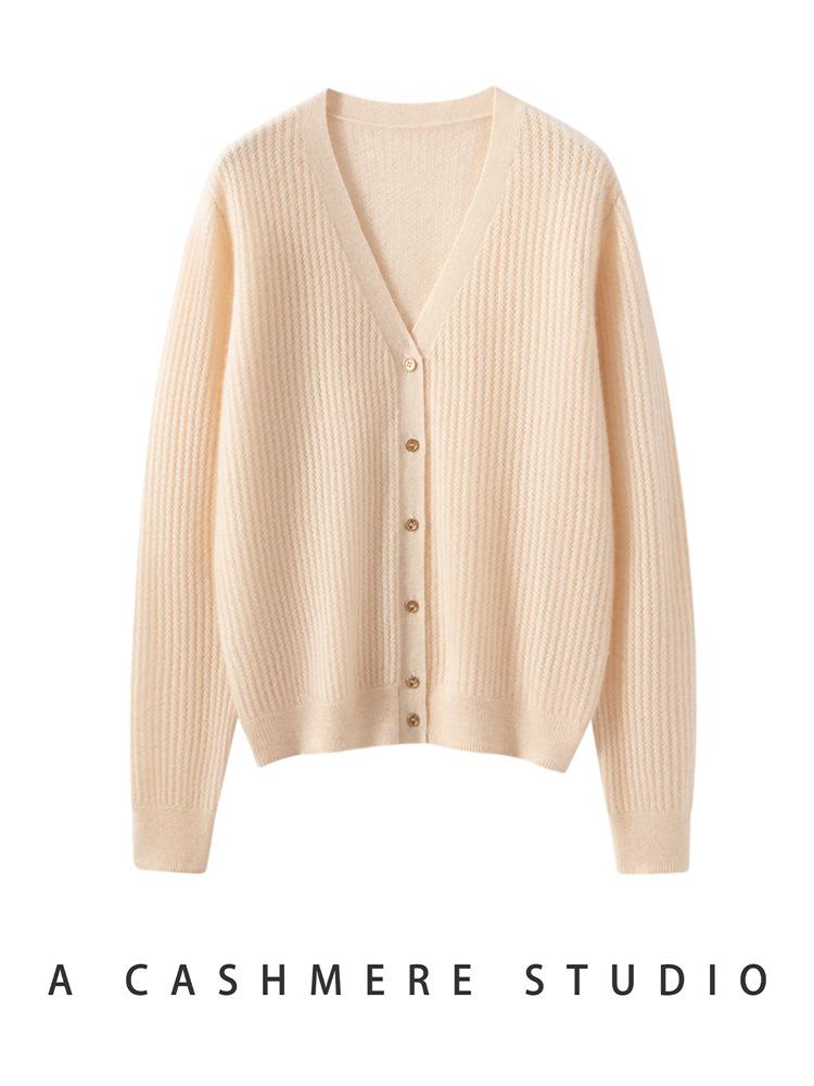 Women's 100% Pure Cashmere V-Neck Cardigan: Ribbed, Loose Knit Sweater Jacket, Slimming Base Layer Outerwear