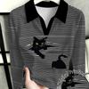 Ladies long-sleeved new fashionable and versatile polo shirt, black and white striped black collar black cat print long-sleeved polo shirt