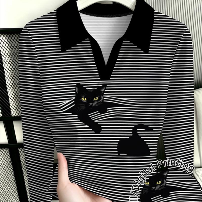 Ladies long-sleeved new fashionable and versatile polo shirt, black and white striped black collar black cat print long-sleeved polo shirt