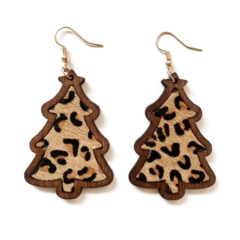 Wood Christmas Tree Dangle Earrings Women Leopard Grow Print Genuine Leather Christmas Earring New Year Ear Jewelry Gift
