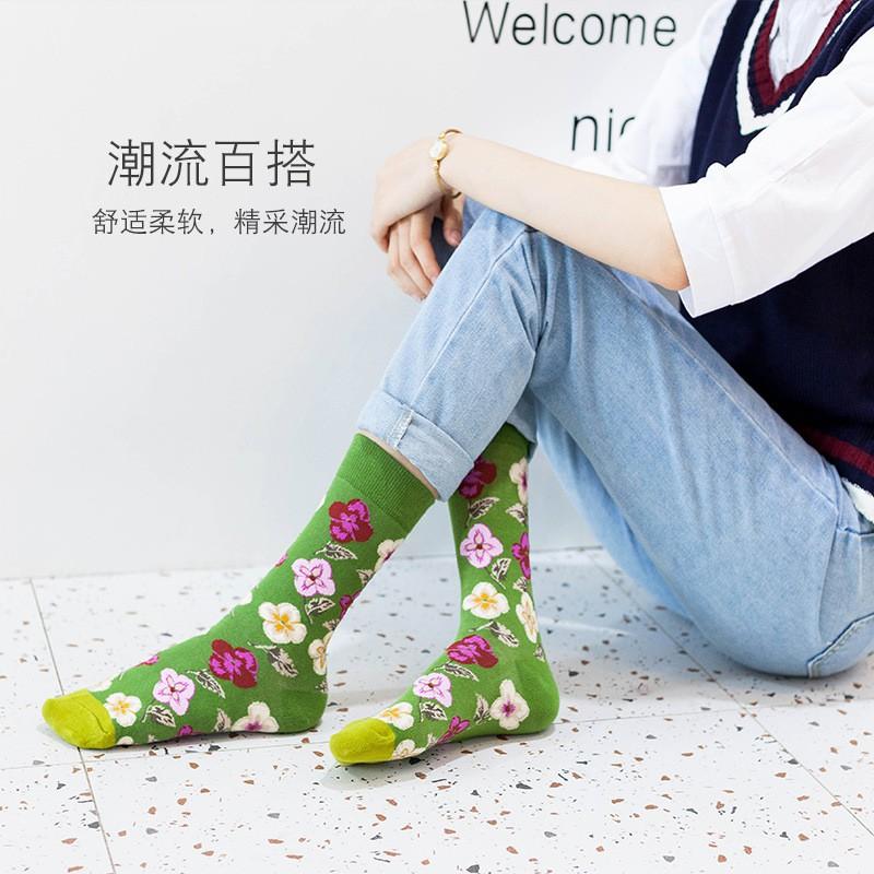 Flower Print Crew Socks Men Women Breathable Cotton Sweat-Absorbent Casual Trendy