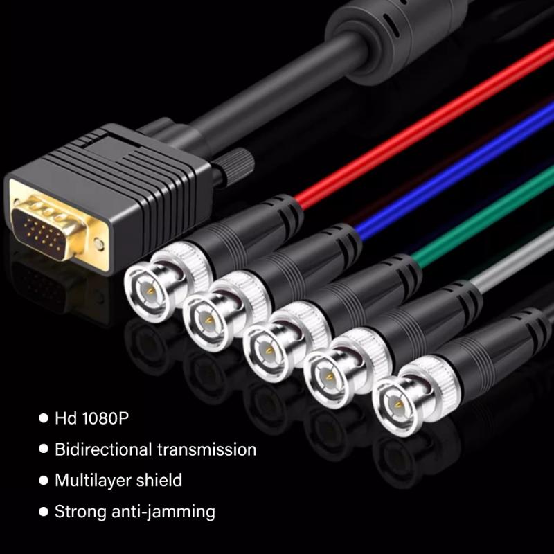VGA To 5 BNC RGBHV Cable Male Connectors COnnection Cord High Resolution For Digital Screens And Monitors