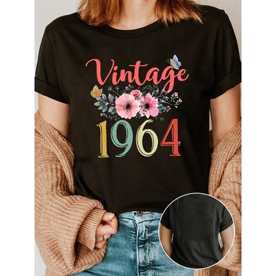 1964 Wine Floral Fashion Letter Print T-Shirt,Casual Top for Summer & Spring, Women'S Apparel Casual Top for Summer & Spring, Women's Clothing