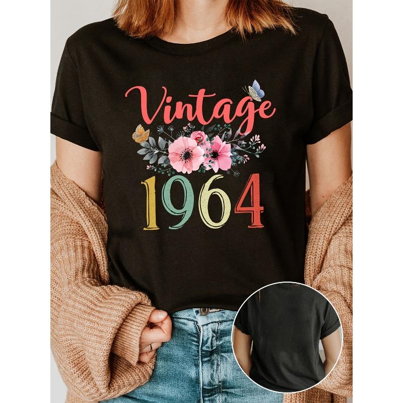 

1964 Wine Floral Fashion Letter Print T-Shirt,Casual Top for Summer & Spring, Women S Apparel Casual Top for Summer & Spring, Women s Clothing S чёрный