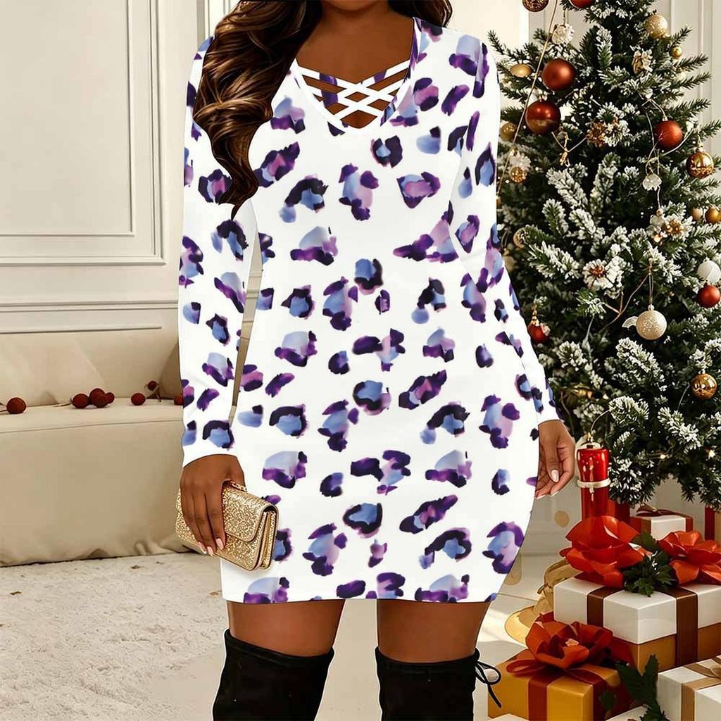 Women Plus Size Long Sleeve V Neck Crisscross Hollow Bodycon Mini Party Club Dress