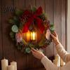 Plump Simulated Pine Branch Wreath Lighted Bird Christmas with Lantern Rustic Artificial Velvet Bow Indoor Outdoor Winter Festive Ornaments