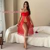 European & American Sexy Women's Spaghetti Strap Lace Mesh Heart Slit Long Dress Lingerie Set