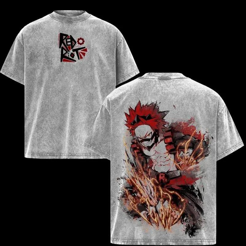 My Hero Academia Kirishima Eijiro Printed Tee Men Women Washed Cotton T-shirts Manga Retro T Shirt Harajuku Short Sleeve Tshirt XXL серый 1590₽