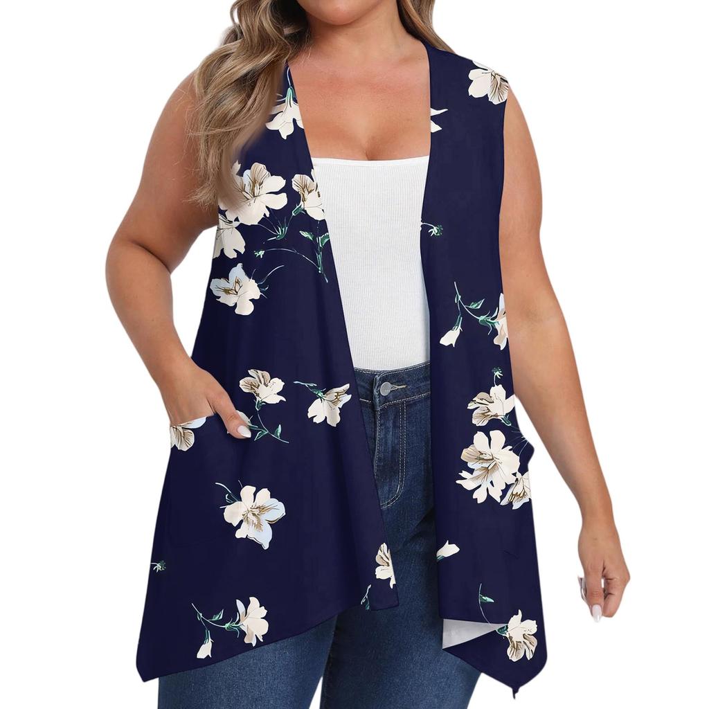 Women's Oversized Loose Casual Printed Sleeveless Vest With Pocket Cardigan Jacket Cardigan Jacket