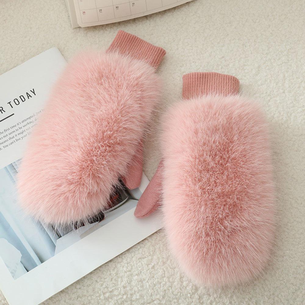 Women s Fashion Imitation Rabbit Fur Windproof Gloves Thick Warm Soft Gloves Full Fingers Lining Winter Warm Gloves Winter розовый
