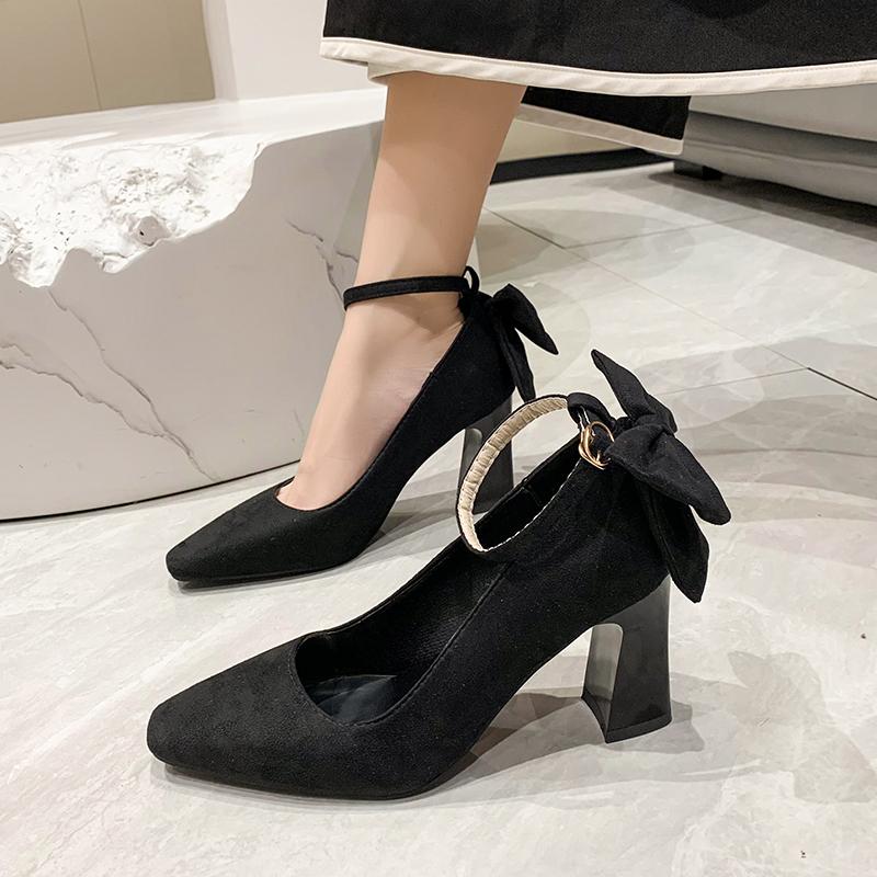 Fashion Elegant French Style Women's Shoes Versatile Bow Design High Heel Low Heel Spring Autumn New Arrival Rubber Upper Material