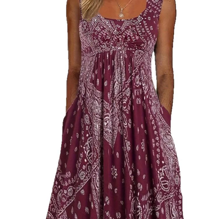 Retro Sleeveless Summer Dress with Crew Neck and Pockets – Loose Holiday Print Style