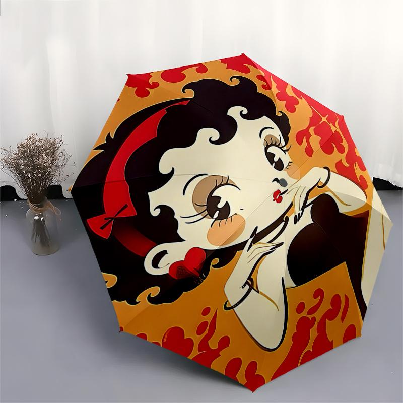 Betty Boop Automatic Opening Folding Umbrella with Red Heart and Swirls Design - Portable 3-Fold Outdoor Rain Gear for Fans, Travelers, Ever