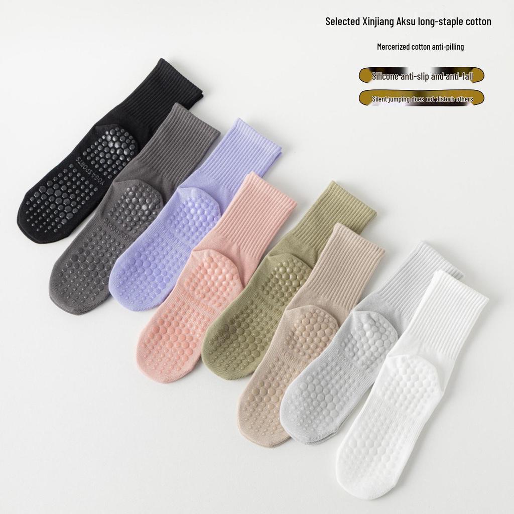 Women's Non-Slip Mid-Calf Yoga & Pilates Socks, 95% Cotton, Seamless, with Silicone Grip