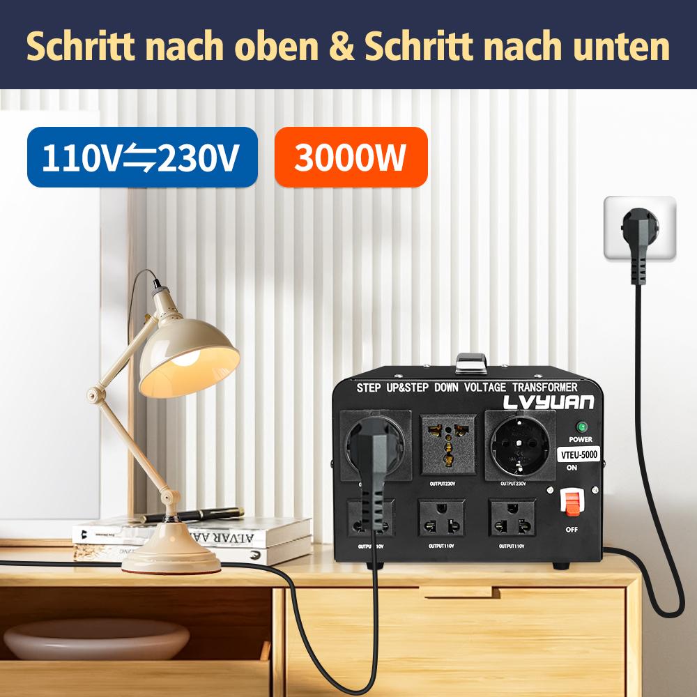 5000W Voltage Converter Transformer Step-Down 220V To 110V AC Power Converter with EU/UK Power Cord, Circuit Breaker Protection