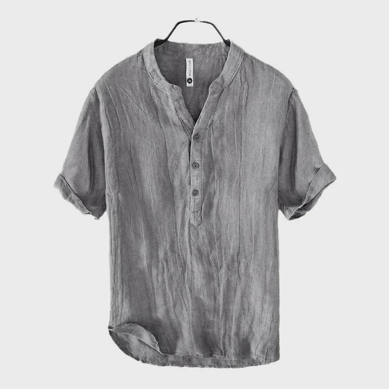 L888 Pánské retro lněné tričko s výstřihem do V - Ležérní jednobarevný top s krátkým rukávem