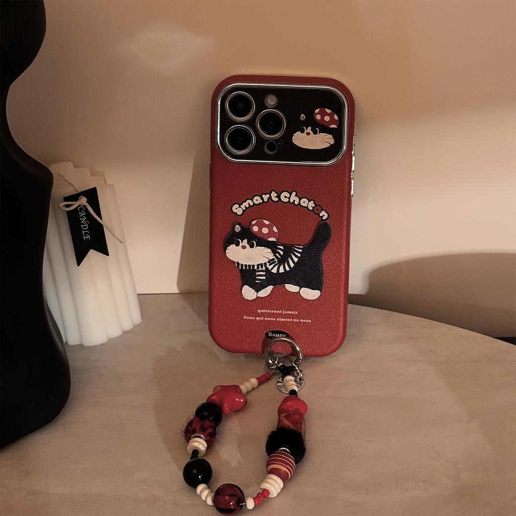 Ins Red Cartoon Cat Suitable for 16pro Max Apple Mobile Phone Case Iphone15 Leather Cartoon 17 Hanging Chain