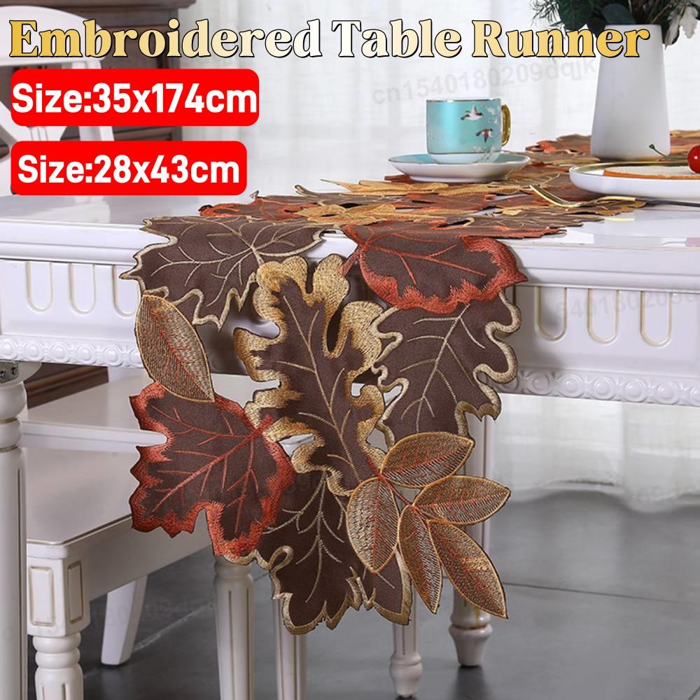 1/4pcs Autumn Maple Leaf Embroidered Table Runner Table Mat Flocked Brown Maple Design Rustic Farmhouse Thanksgiving Harves