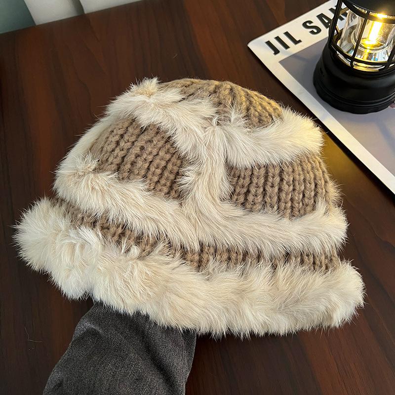Rabbit hair knitted hat children's autumn and winter new big head circumference ear protector wool hat loose thickened warm fisherman basin hat tide