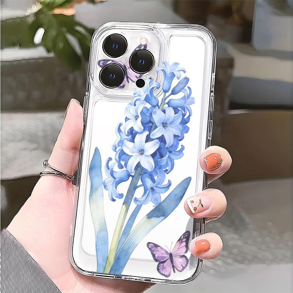 Blue Hyacinth with Purple Butterflies Phone Case for IPhone 14 15 16 17 13 12 11 Pro Max  Plus 12 13 Mini TPU Protect Cover