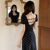 French Floral Short-sleeved Dress Summer New Women's Clothing Black Slim and Thin Temperament Medium and Long Skirt