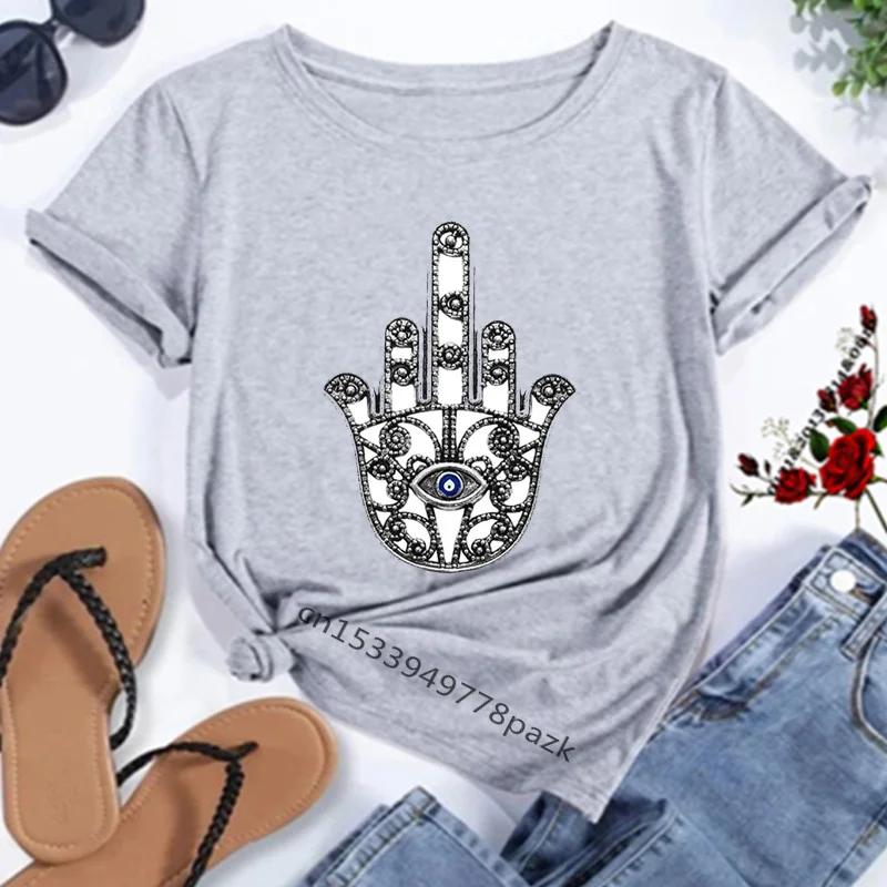 Camisetas con estampado de la mano de Fátima de Hamasa para mujer, camisetas Unisex Harajuku de la mano de Hamsa de la suerte, camisetas negras de manga corta para verano para mujer