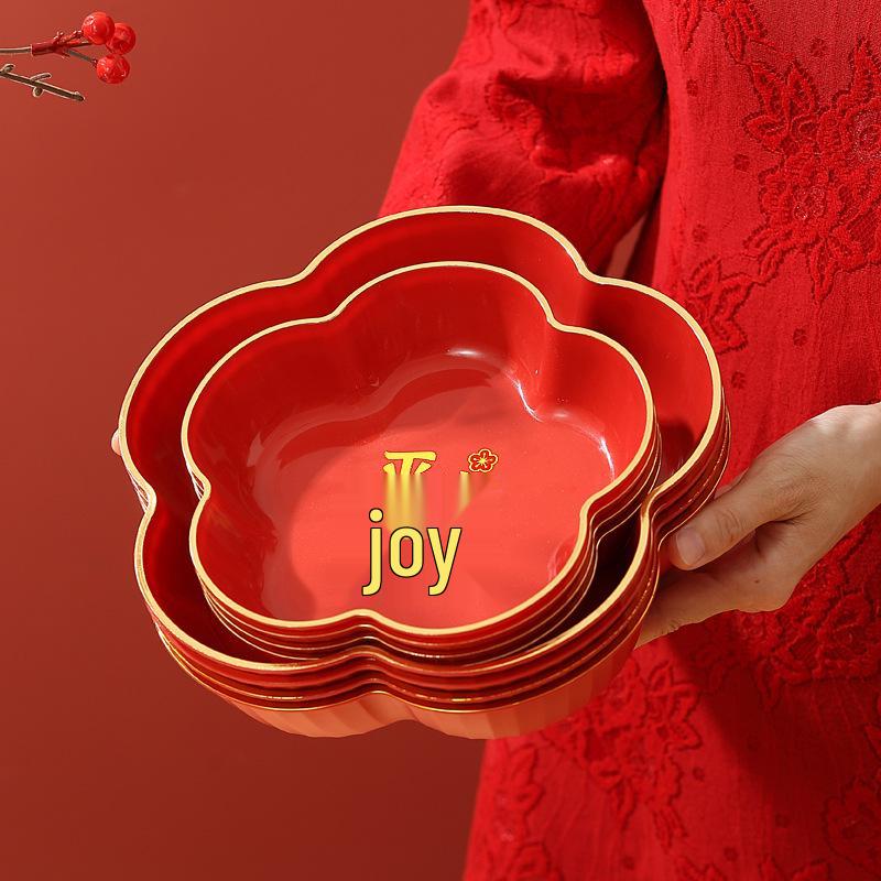 Red Wedding Candy Dish & Engagement Centerpiece Set: Happy Plate for Dried Fruits & Housewarming
