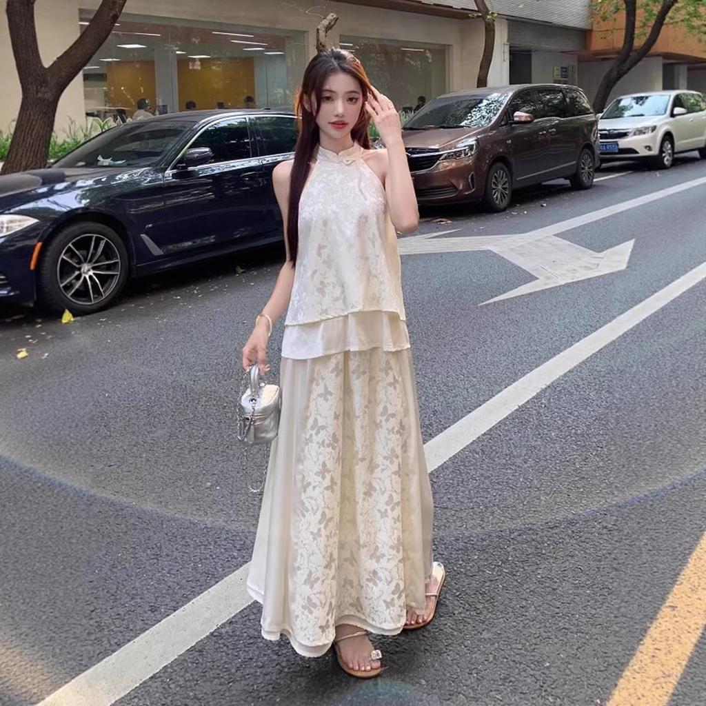 Women's Summer Zen-Inspired Cheongsam Halter Top and Skirt Set