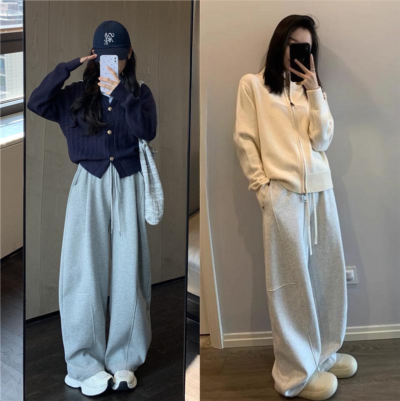 Women's Fleece-Lined Wide-Leg High-Waisted Sports Pants: Slimming, Loose-Fit, Autumn/Winter Casual Sweatpants.