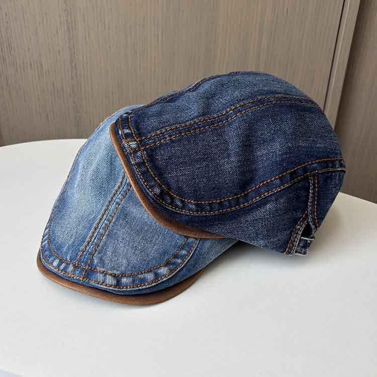 Washed Denim Forward Hat Women's Spring and Summer Retro Face Small Beret Wearing a Big Head Circumference Painter Hat
