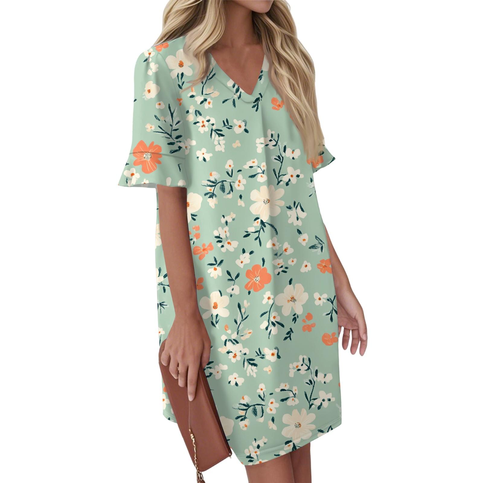 Women s Summer Vintage Color Block Patchwork Print Dress Pleated Short Sleeve V Tie Pocket Casual Dress L