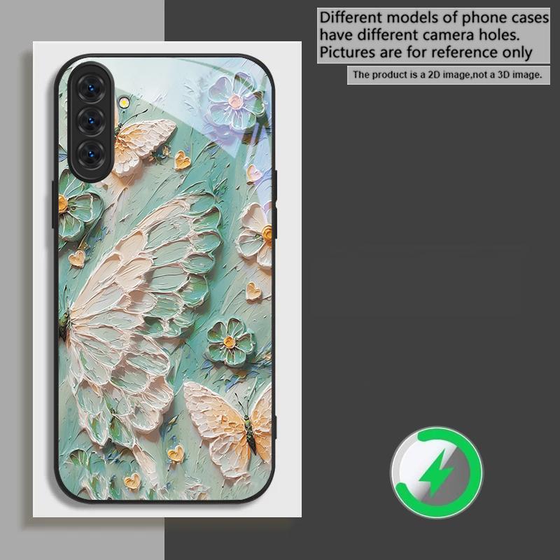 Oil Painting Butterfly Suitable for Samsung Galaxy S26 Ultra S20 FE S21 S22+ 23 Plus S24 Ultra 25 Edge Black Glass Phone Casee