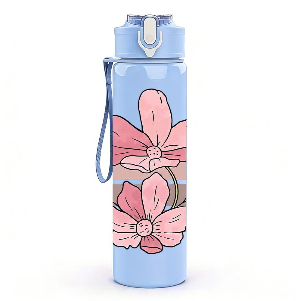 1PC Retro Striped Pink Magnolia 750ml Color Plastic Sports Water Bottle Leakproof Flip Straw Lid Suitable for Sports Office Home Use