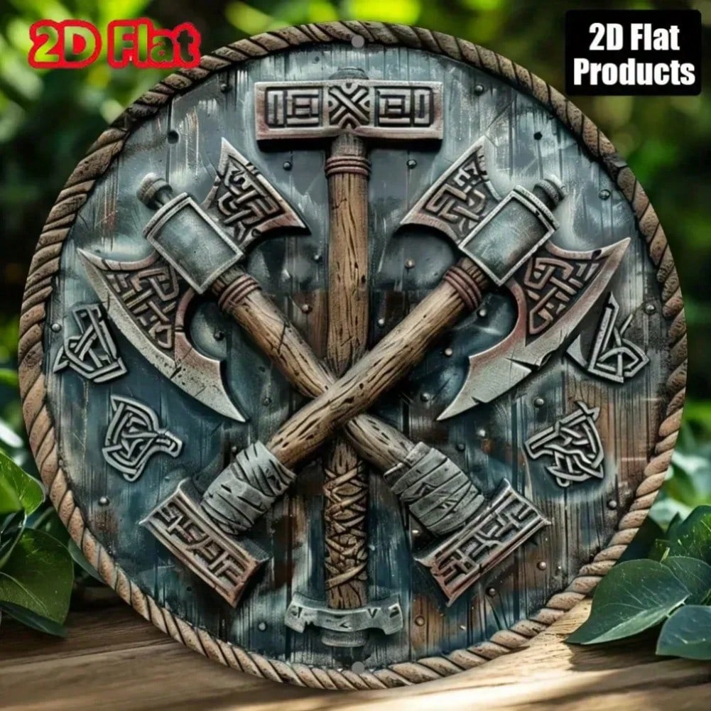 

Vintage Viking Axe Round Metal Wall Art Decor Sign 20x20 різнокольоровий