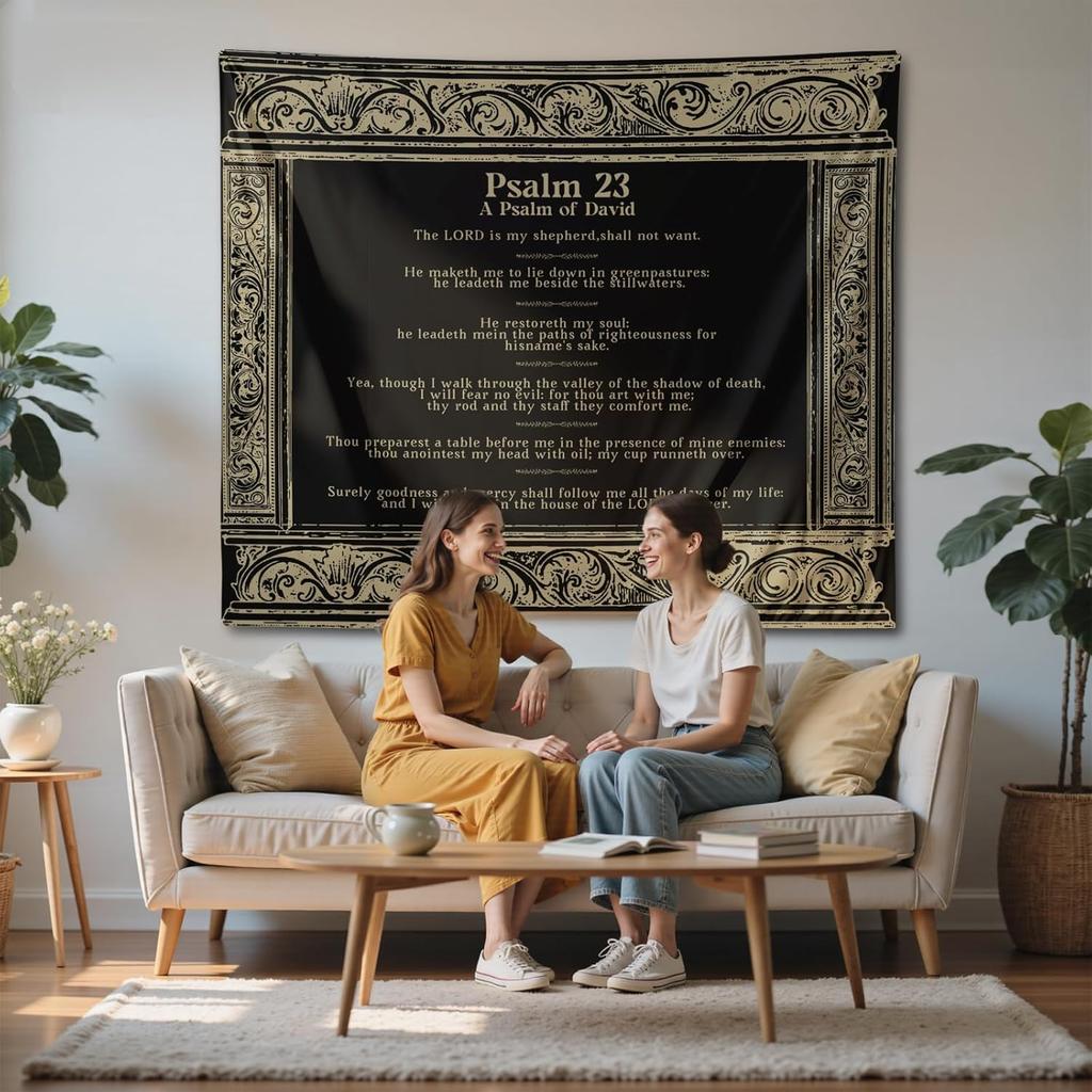 Elegant Psalm 23 Tapestry, Whimsical Black And Gold Scripture Print With Ornate Border For Cozy Christian Home Decor