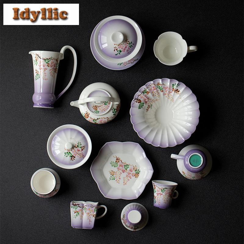 Handbemaltes Lila Glyzinien Spitzen Serie Tee Set Kollektion Kung Fu Teekanne Deckel Schale Ständer Tasse Kanne Lagerung Tee Waschschale Teezubehör