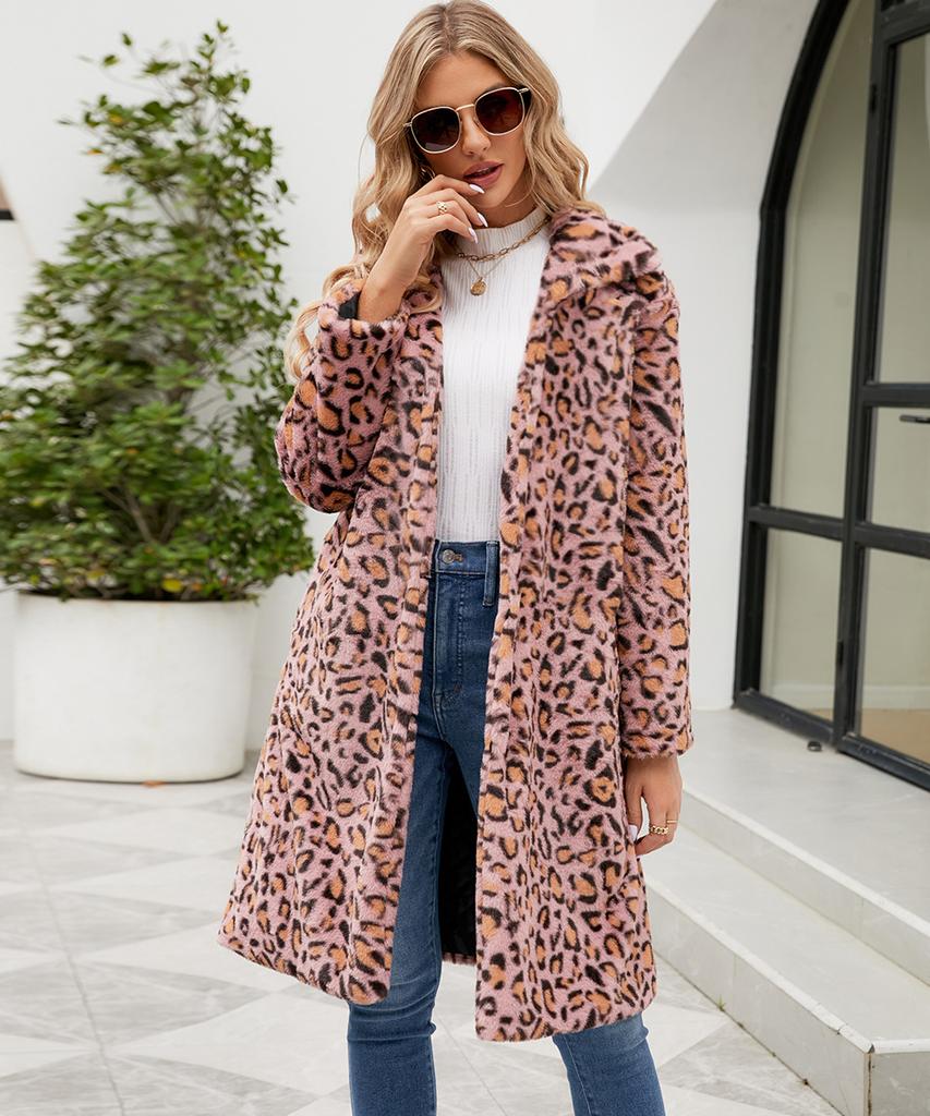 Leopard Faux Pelzmantel Frauen Kleidung Mode Revers Flauschige Jacke Weibliche Langarm Blazer Kragen Faux Pelz Jacke Damen Plüsch Mantel streetwear