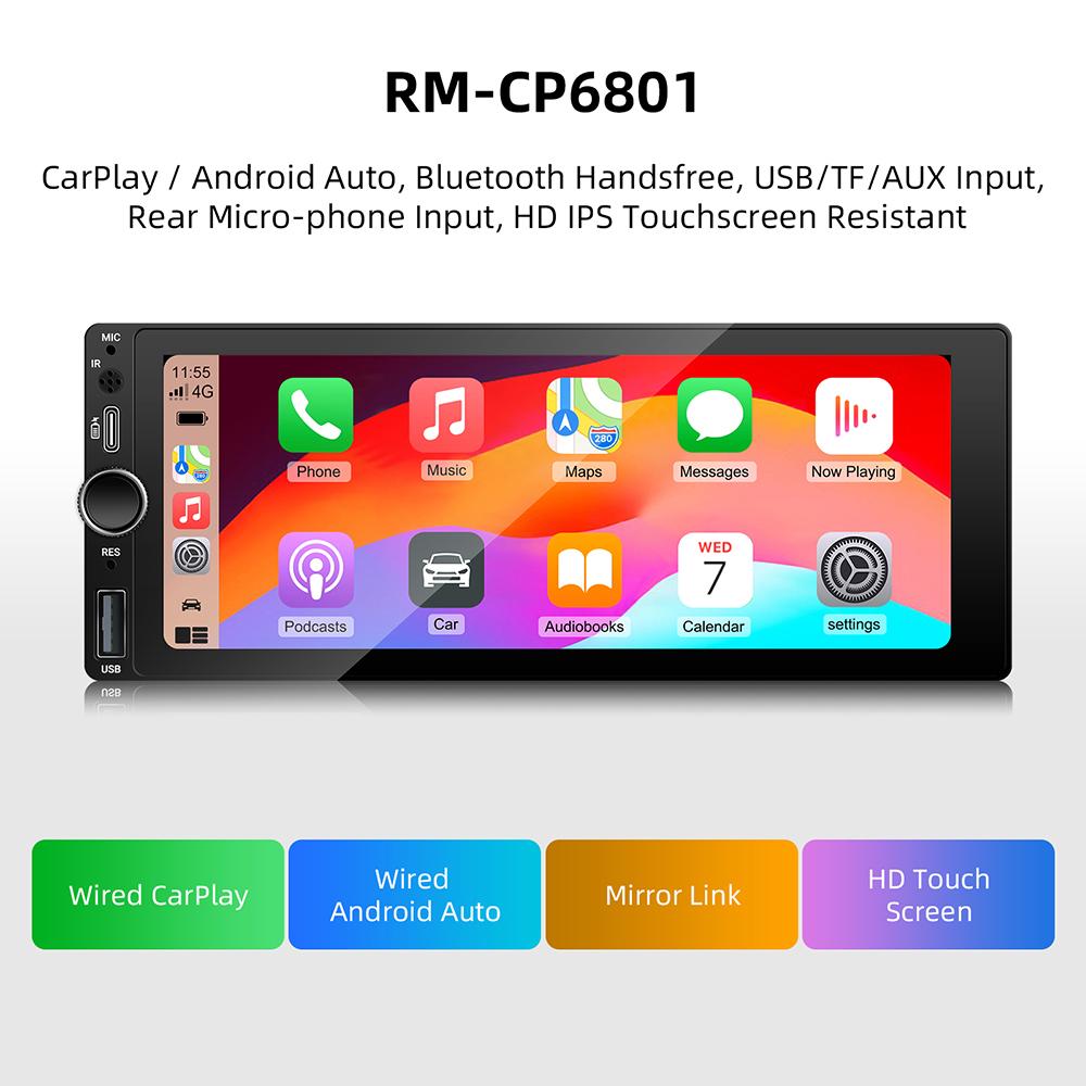 IPS 6.9 Inch 1Din Wired Carplay Android Auto Car Radio Multimedia Video MP5 Player Touch Screen Universal Autoradio Stereo