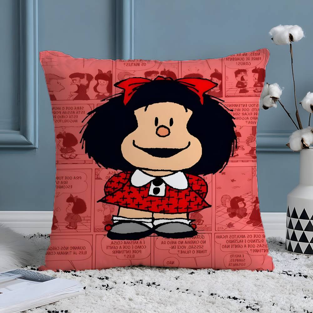 Quino Cartoon Cute Girl Mafalda-M Pillow Case Silky Elegant Comfort Sofa Bed  Invisible Zipper Beach Pillowcase