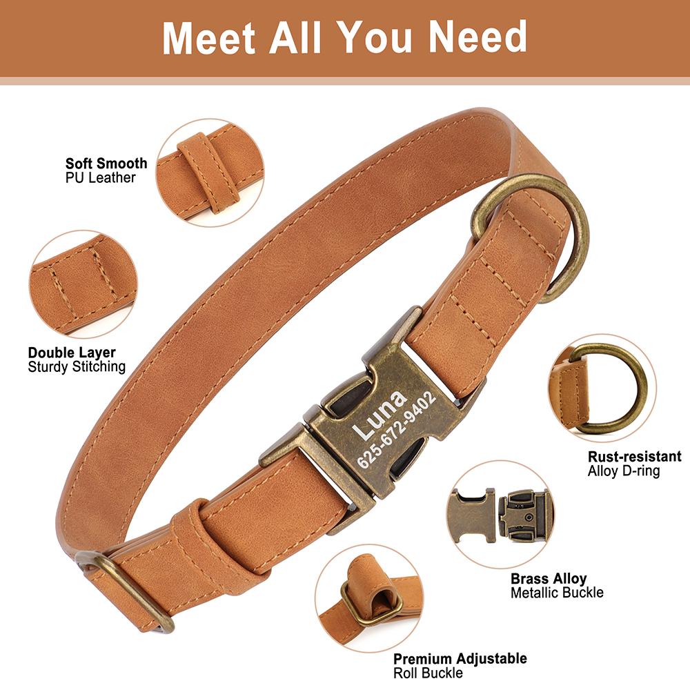 Customized Dog Collar Personalized Dogs Name ID Collars PU Leather Pet Buckle Necklace for Small Medium Large Dogs Pitbull Pug