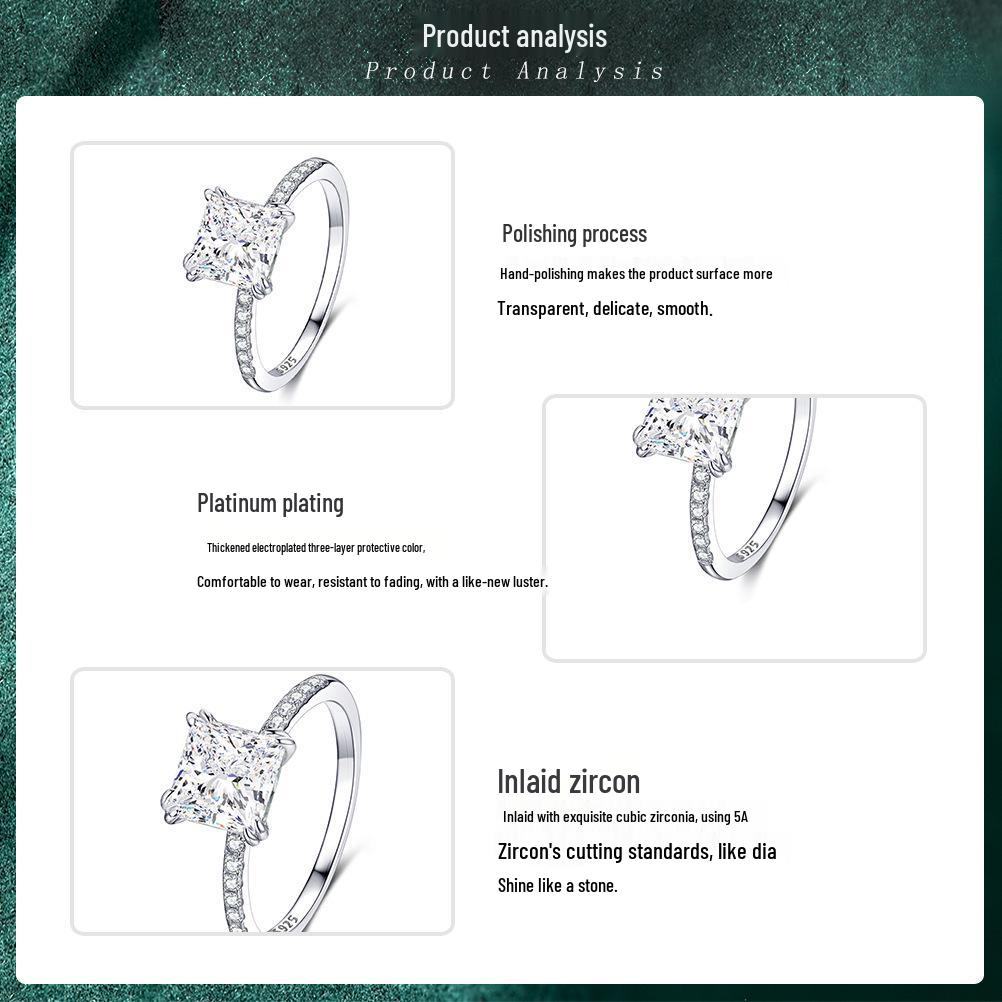 18K White Gold Plated S925 Sterling Silver Ring with Square Zirconia - Simple European & American Fashion Engagement Ring