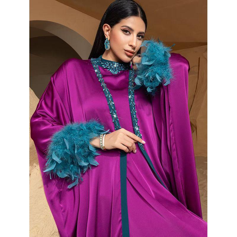 Middle East Fashion Hand Sewing Drill Feather Sleeve One-piece Dress set Hand Sewn Diamond Dress Set