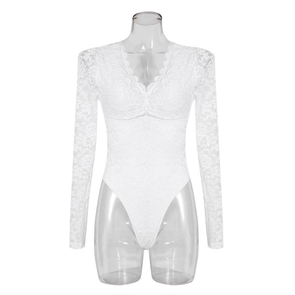 Slimming Lace V-Neck Backless Long Sleeve See-Through Lingerie Bodysuit