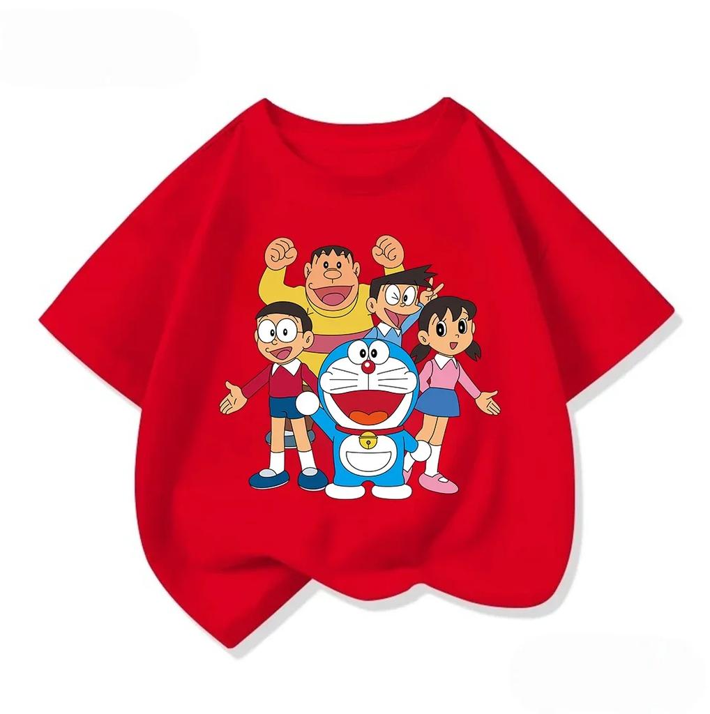 Fashion Children Crew Neck T Shirt Summer Kawaii Cartoon Print Cute Street Style Wear Doraemon Kids Clothes 314Y