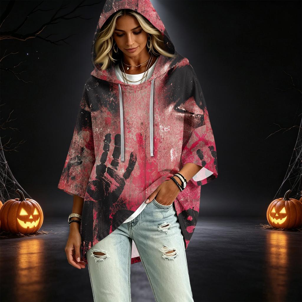 Damen Freizeit 3/4 Ärmel Halloween Print Kapuzen Pullover Top für den Herbst