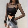 Beach Sexy Hollow Out Fishnet Long Sleeve Round Neck Women Slim Fit Crop Top